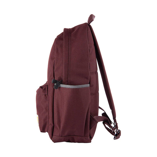 Maroon backpack shown in side view with a front pocket, reflective side strip, and adjustable shoulder straps