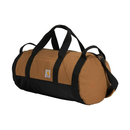 Brown and black round duffel bag with black carrying straps and shoulder strap