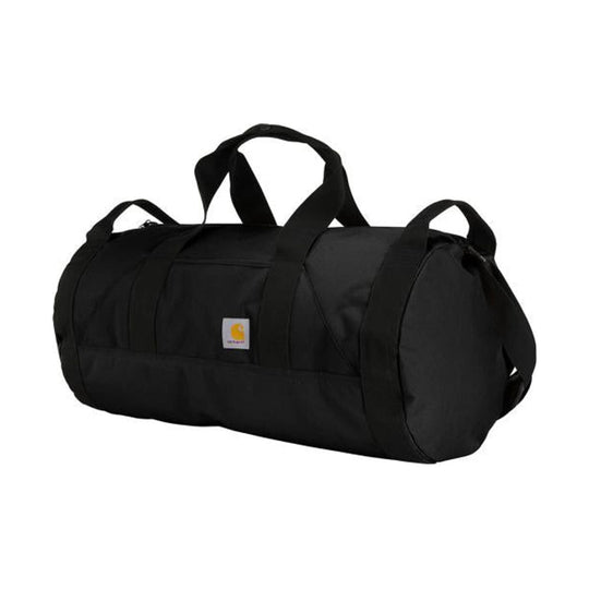 Black cylindrical duffel bag with dual handles and shoulder straps