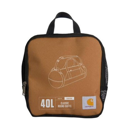 Brown rectangular duffel bag with black trim, top handles, and a side mesh pocket