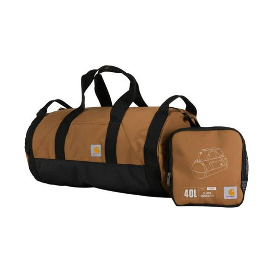 Brown and black round duffel bag with carry handles and a matching zip pouch