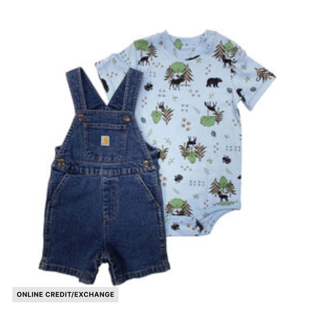 Blue denim short overalls with a light blue printed bodysuit, labeled ONLINE CREDIT/EXCHANGE