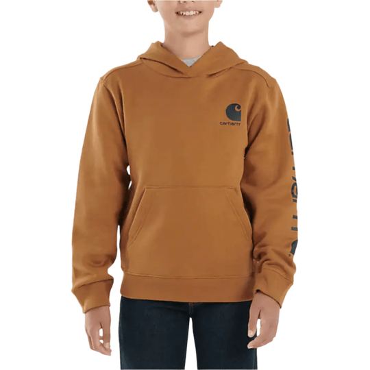 Brown hooded sweatshirt with a front kangaroo pocket and small chest logo