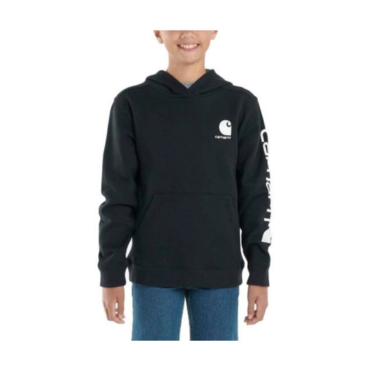 Black youth hoodie with a front kangaroo pocket and white Carhartt logo on the chest and sleeve