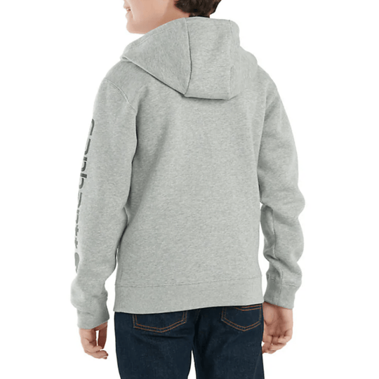 Heather gray boys' hooded sweatshirt shown from the back