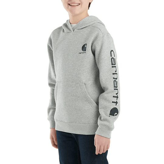 Heather gray boys' hooded sweatshirt with front pouch pocket and Carhartt logo graphics