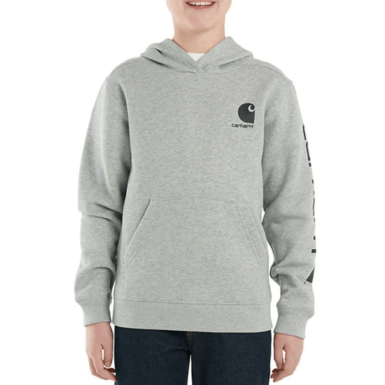 Heather gray hooded sweatshirt with front kangaroo pocket and small chest logo