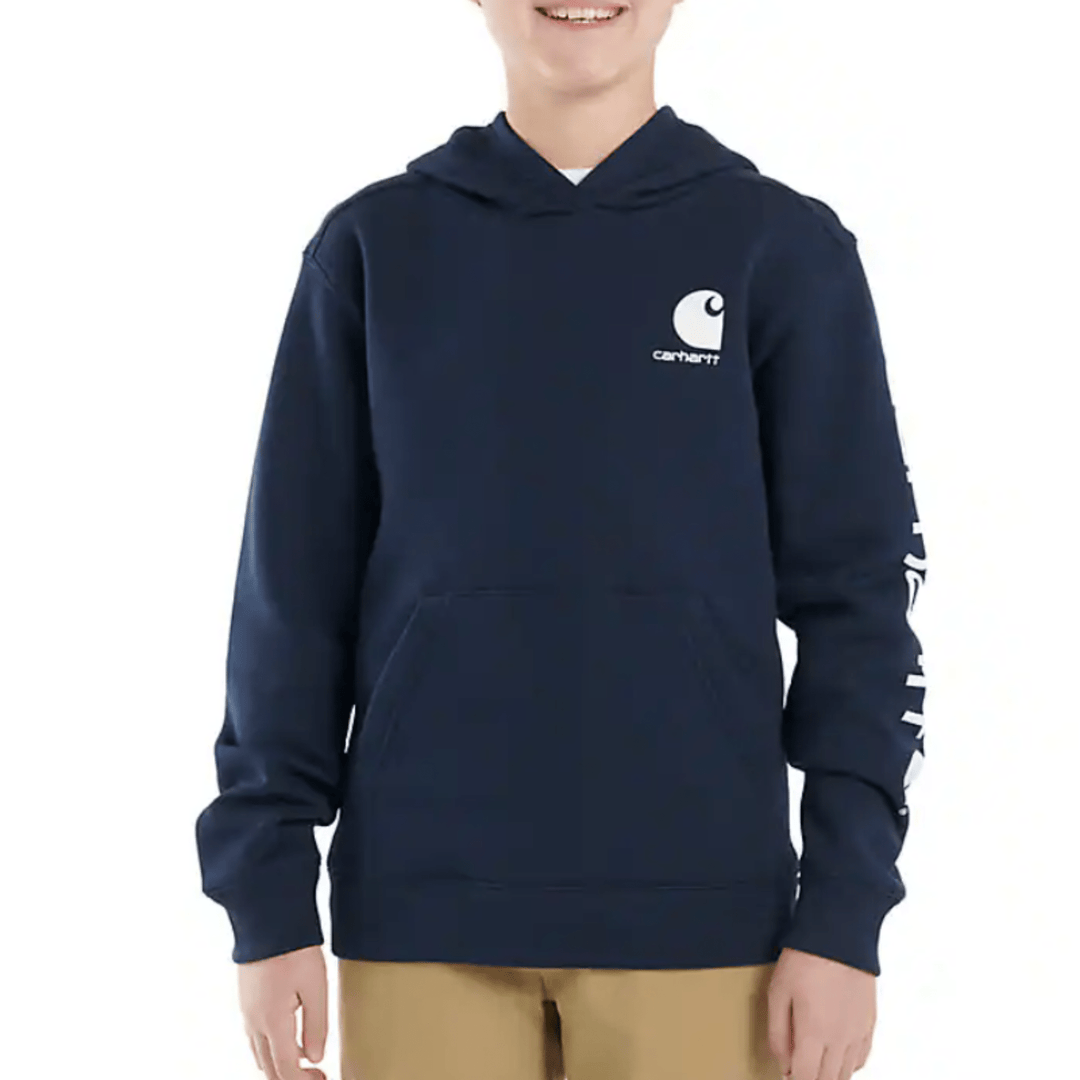 Navy boys' hooded sweatshirt with front pouch pocket and white chest logo