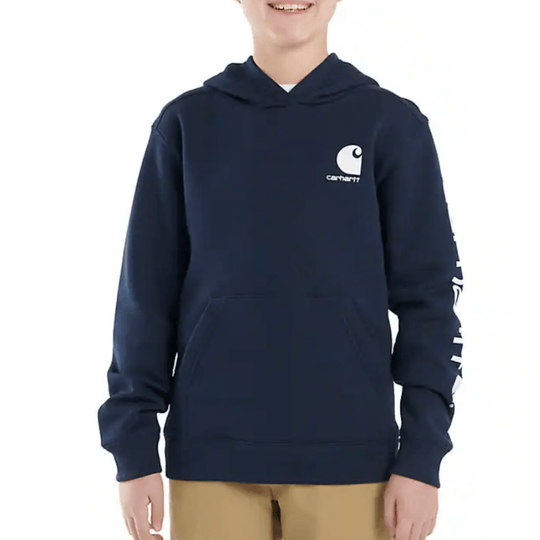 Navy boys' hooded sweatshirt with front pouch pocket and white chest logo