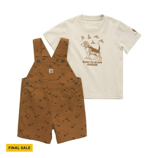 Toddler set with cream T-shirt and brown printed shortalls, featuring a dog graphic and "BORN TO ROAM" text