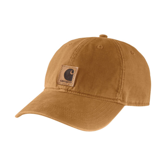 Tan baseball cap with a stitched logo patch on the front