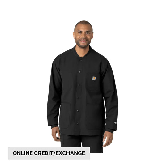 Black long-sleeve snap-front work coat with chest pocket and large front patch pockets