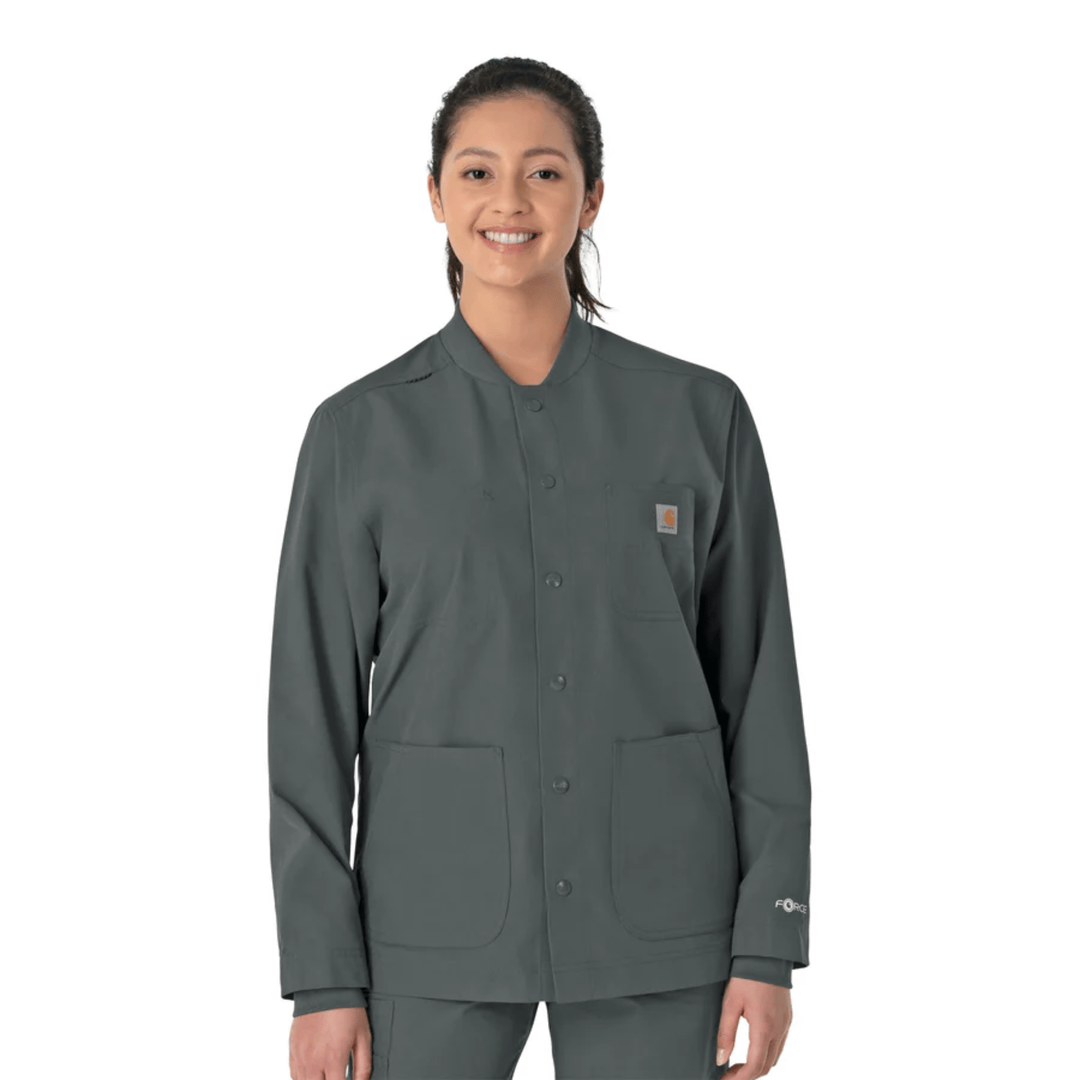 Dark gray button-front scrub jacket with large patch pockets and a small chest logo