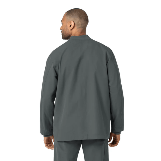 Dark gray scrub coat shown from the back on a model