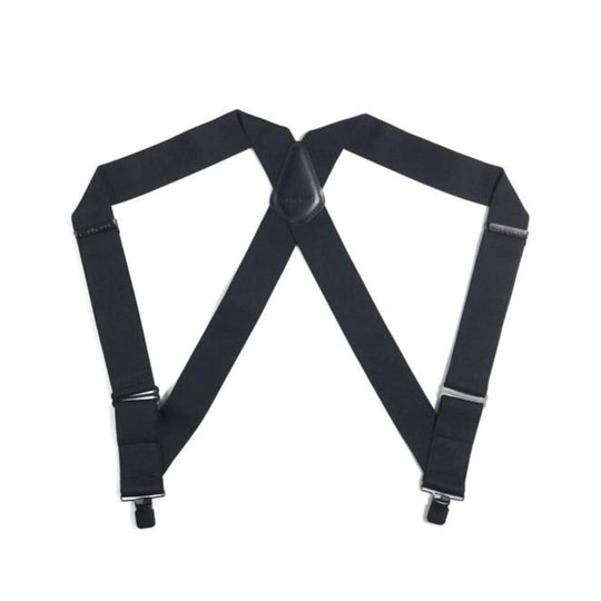 Black X-back suspenders with adjustable straps and metal clips