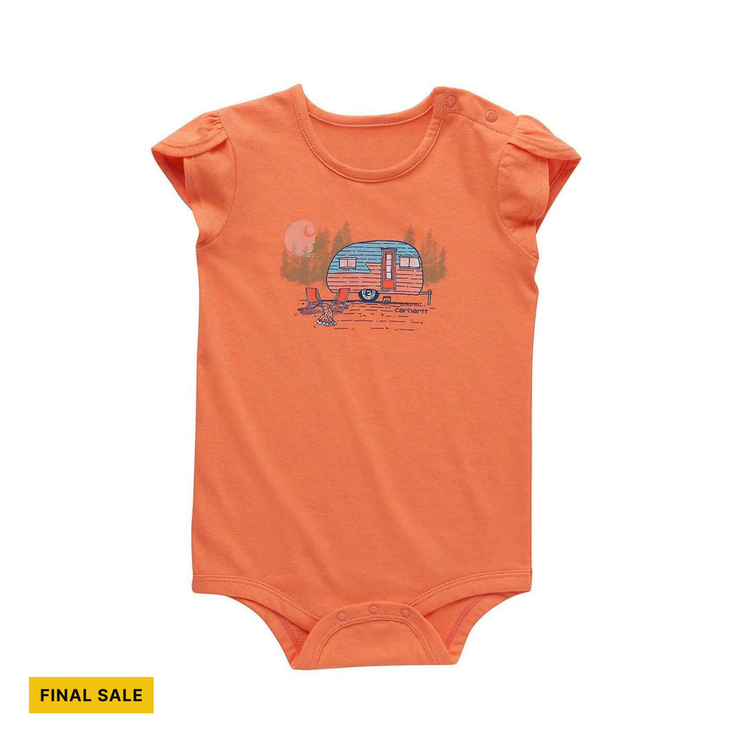 Coral infant bodysuit with cap sleeves and a small camper graphic on the chest