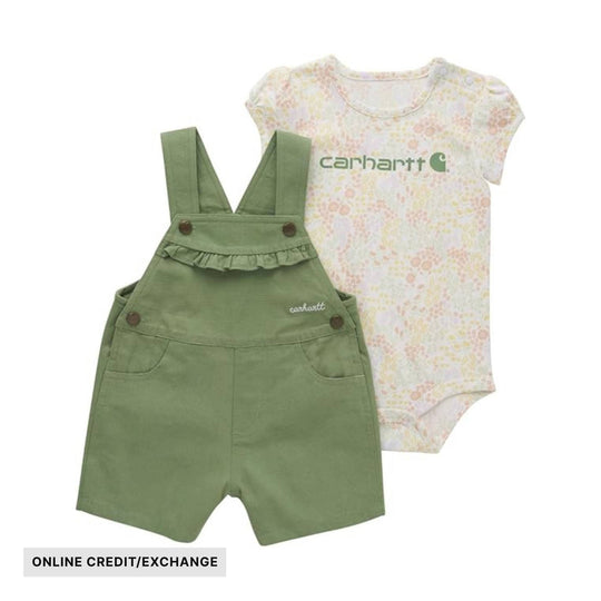 Olive green overall shorts with ruffle pocket detail and a floral short-sleeve bodysuit set; visible text reads ONLINE CREDIT/EXCHANGE
