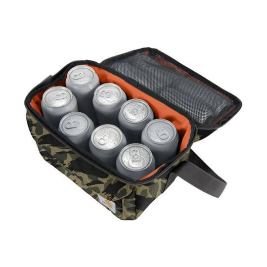 Camouflage zippered soft cooler holding six cans with orange insulated lining and mesh lid