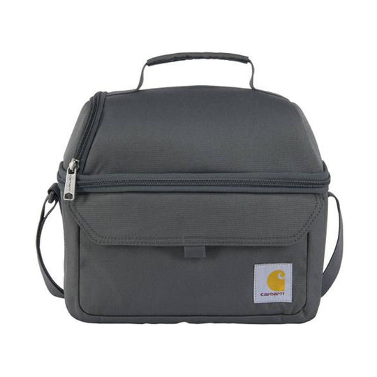 Gray soft-sided lunch cooler with top handle, front flap pocket, and a small logo patch
