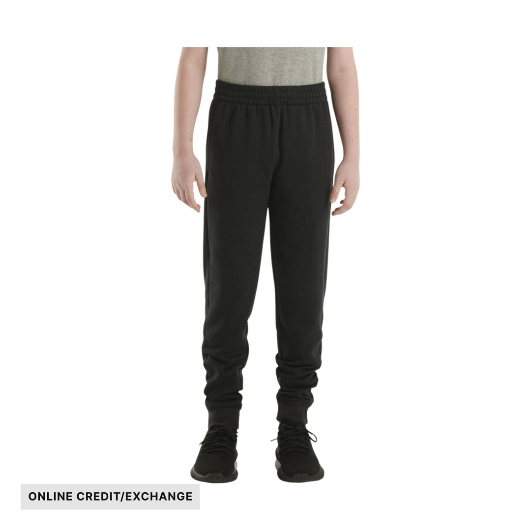 Black fleece jogger pants with elastic waistband and cuffs, shown on a child model