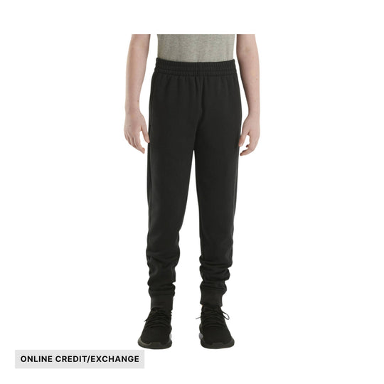 Black fleece jogger pants with elastic waistband and cuffs, shown on a child model