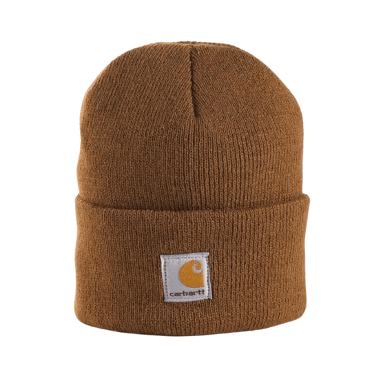 Brown knit beanie with a folded cuff and small front logo patch