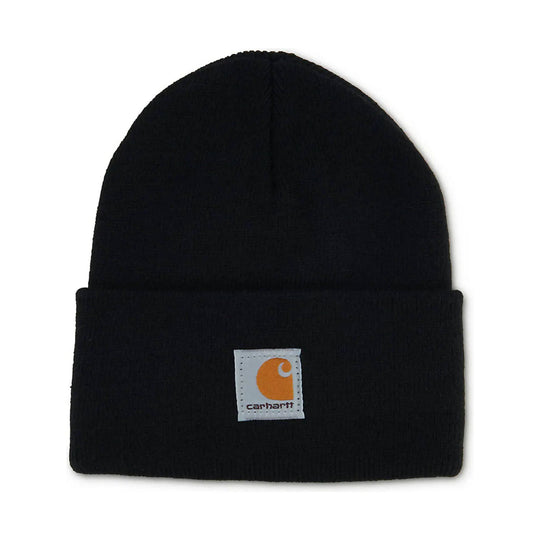 Black knit beanie with folded cuff and Carhartt logo patch