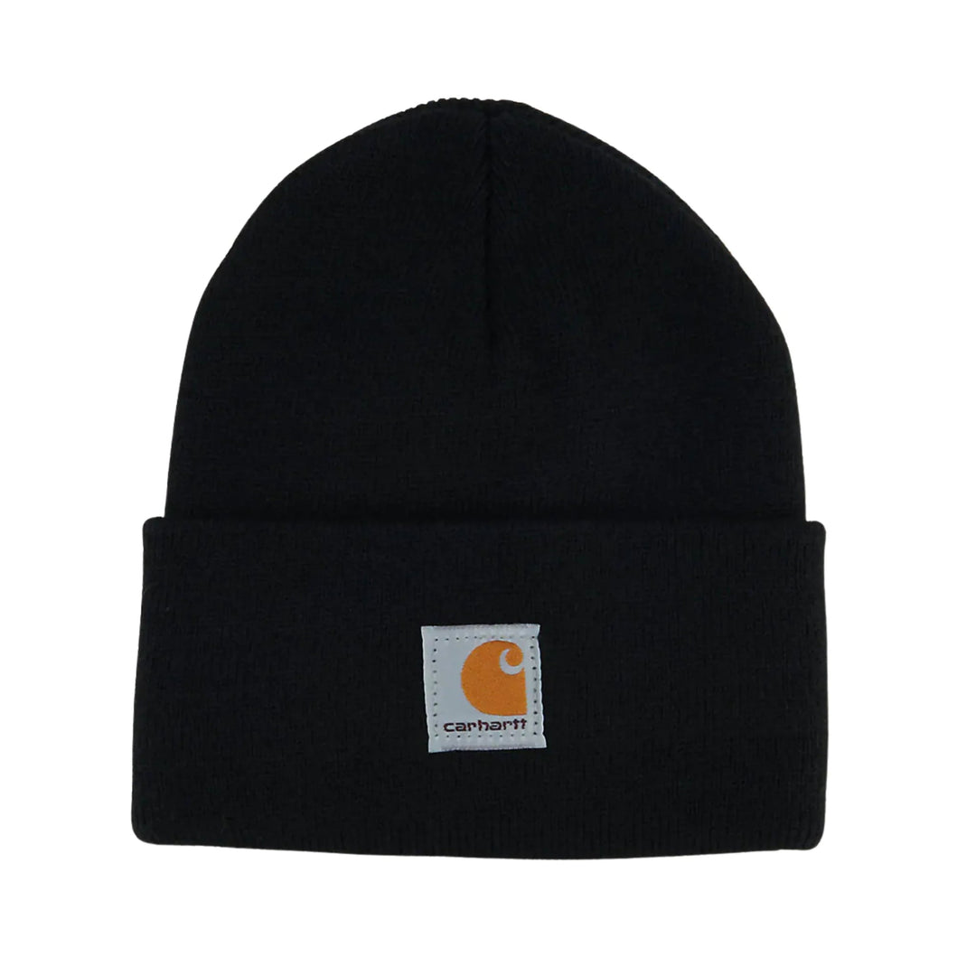 Black knit beanie with folded cuff and small Carhartt logo patch