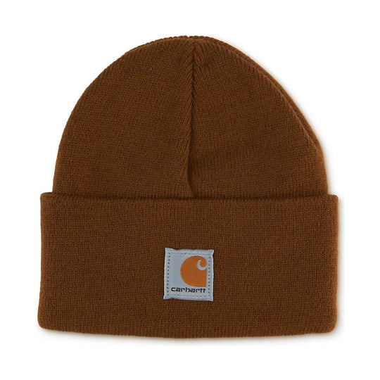Brown knit beanie with folded cuff and front logo patch