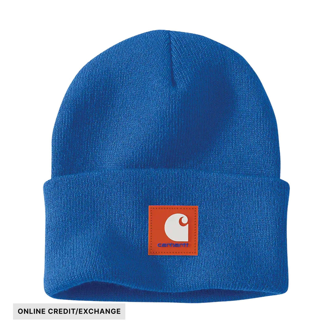 Blue ribbed cuffed beanie with a square logo patch on the front