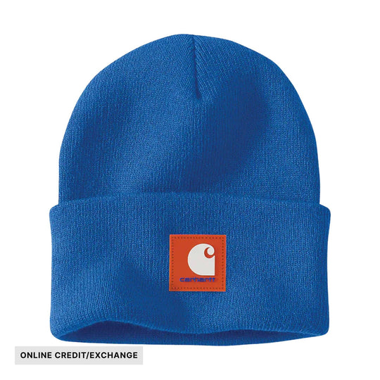 Blue ribbed cuffed beanie with a square logo patch on the front