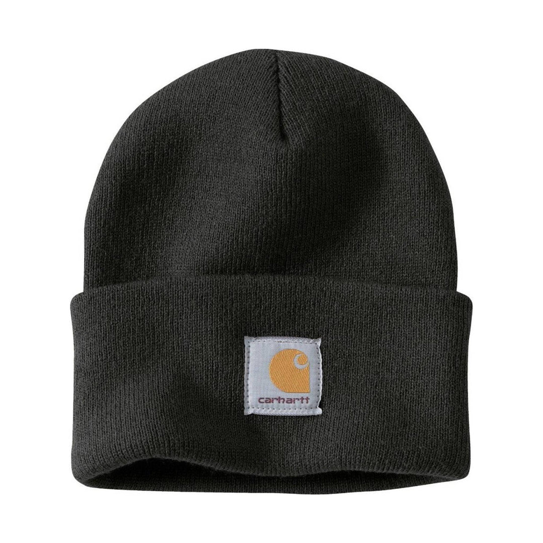 Black knit beanie with a folded cuff and a small front logo patch