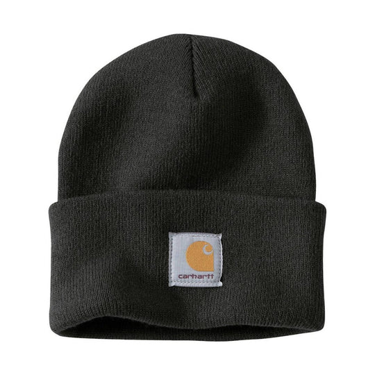 Black knit beanie with a folded cuff and a small front logo patch