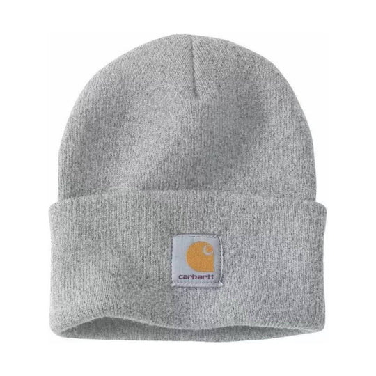 Light gray knit beanie with folded cuff and small Carhartt logo patch