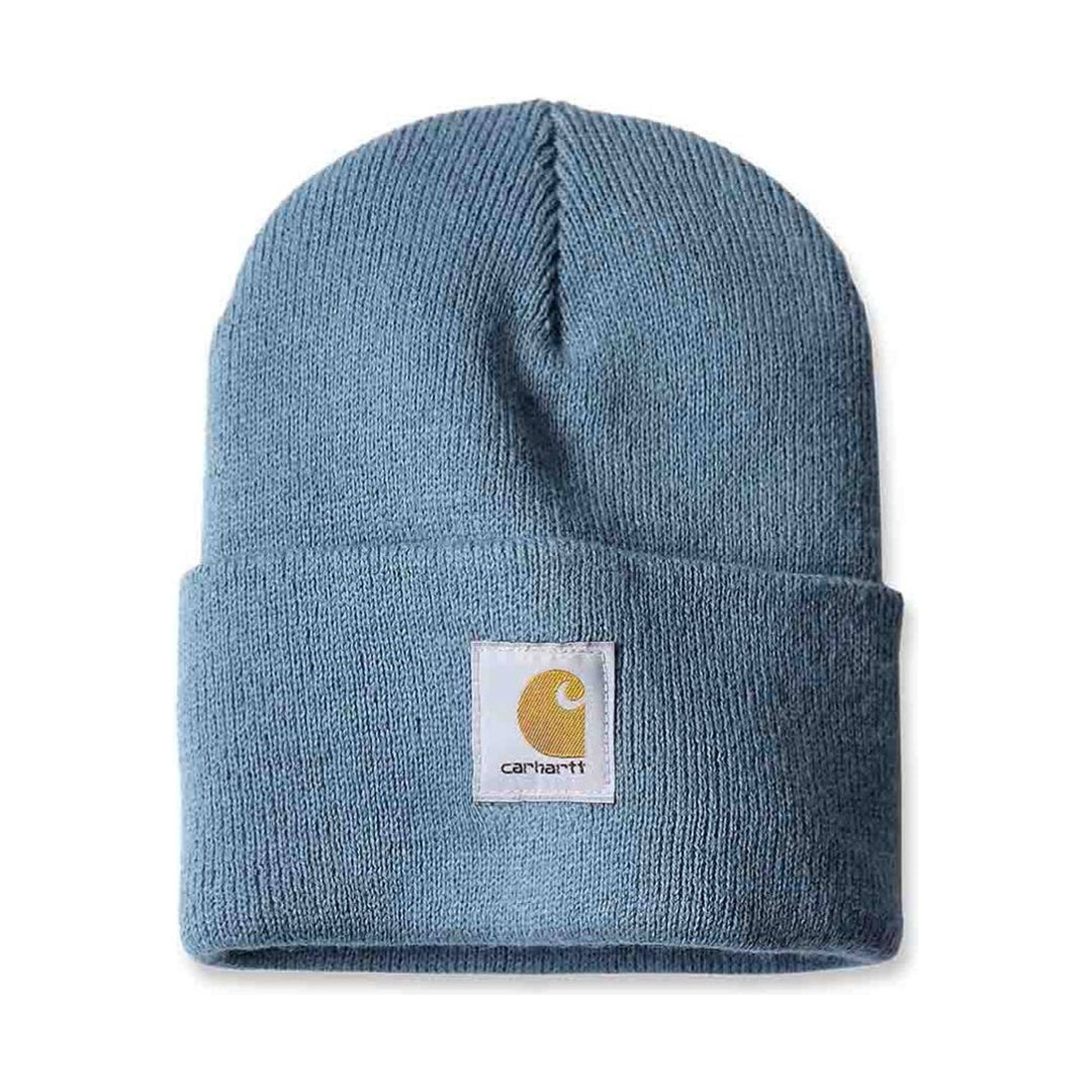 Blue ribbed knit beanie with folded cuff and Carhartt logo patch