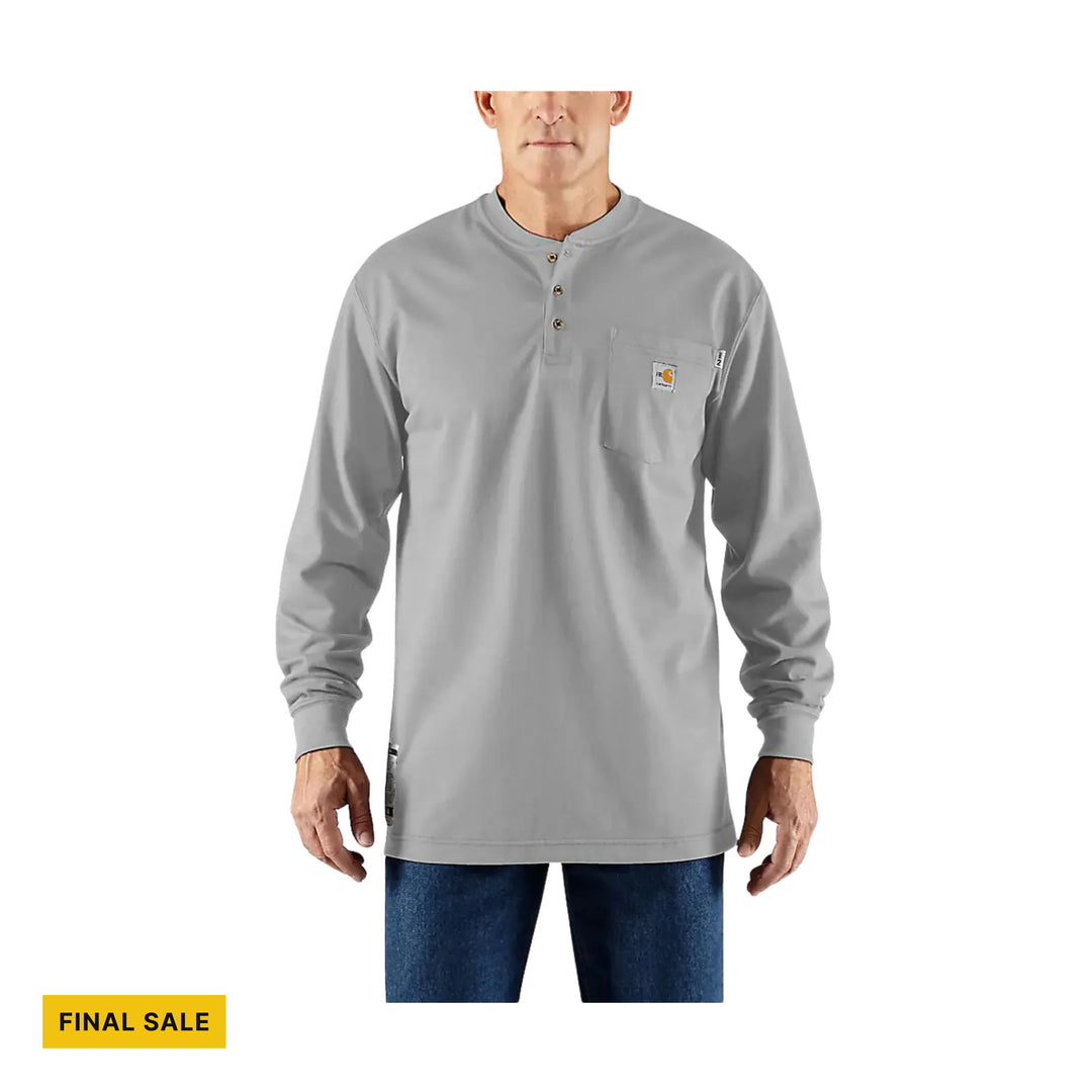 Gray long-sleeve henley shirt with chest pocket, shown on a model, with a FINAL SALE tag