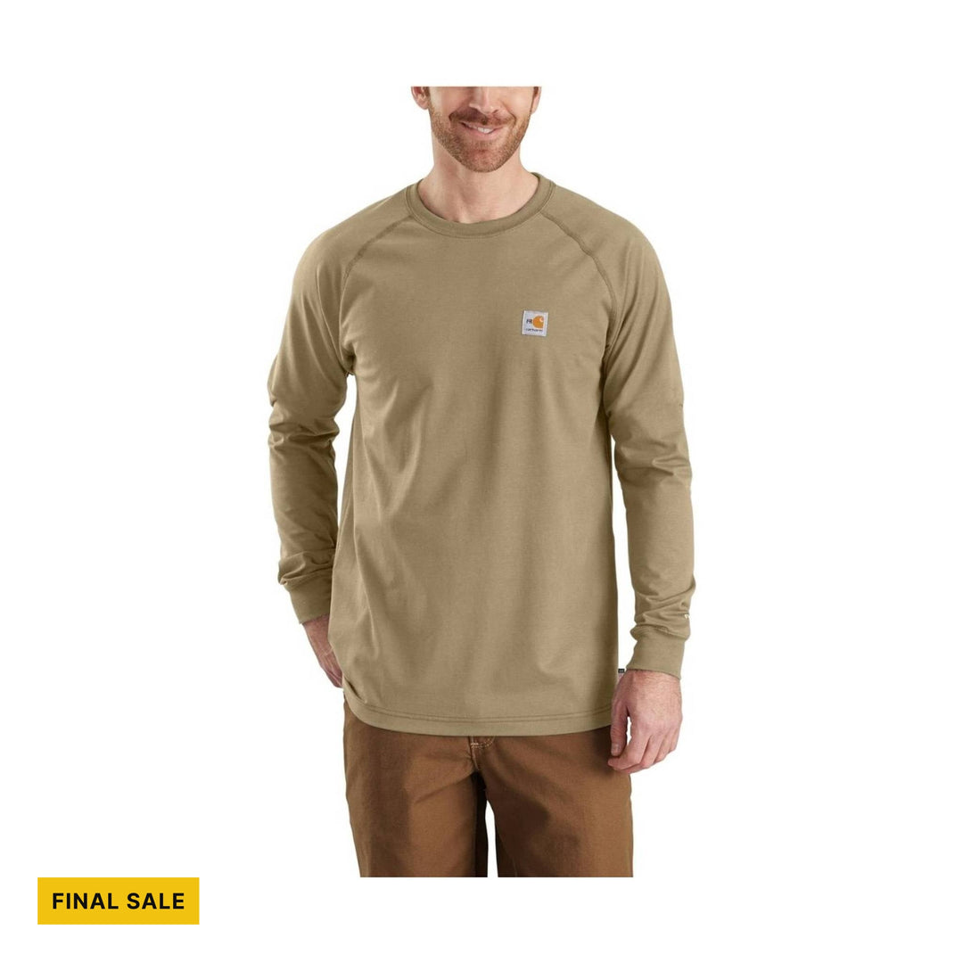 Tan long-sleeve crewneck shirt on a male model with a small chest logo patch and FINAL SALE tag