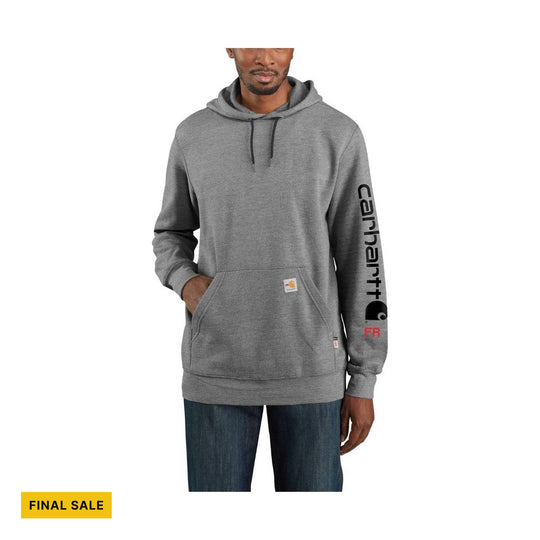 Gray hooded sweatshirt with kangaroo pocket, Carhartt sleeve logo, and FINAL SALE badge