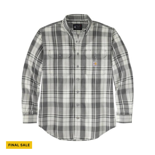 Gray plaid long-sleeve button-up shirt with chest pockets and a final sale tag