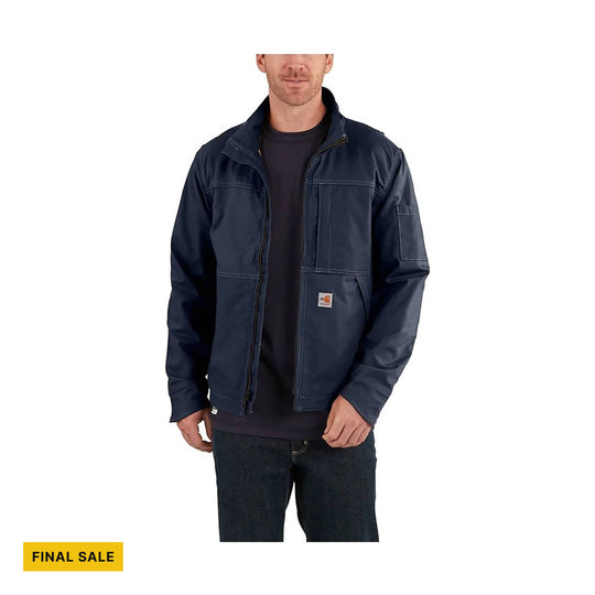 Dark navy work jacket with front zipper, chest pocket, sleeve pocket, and a yellow FINAL SALE label