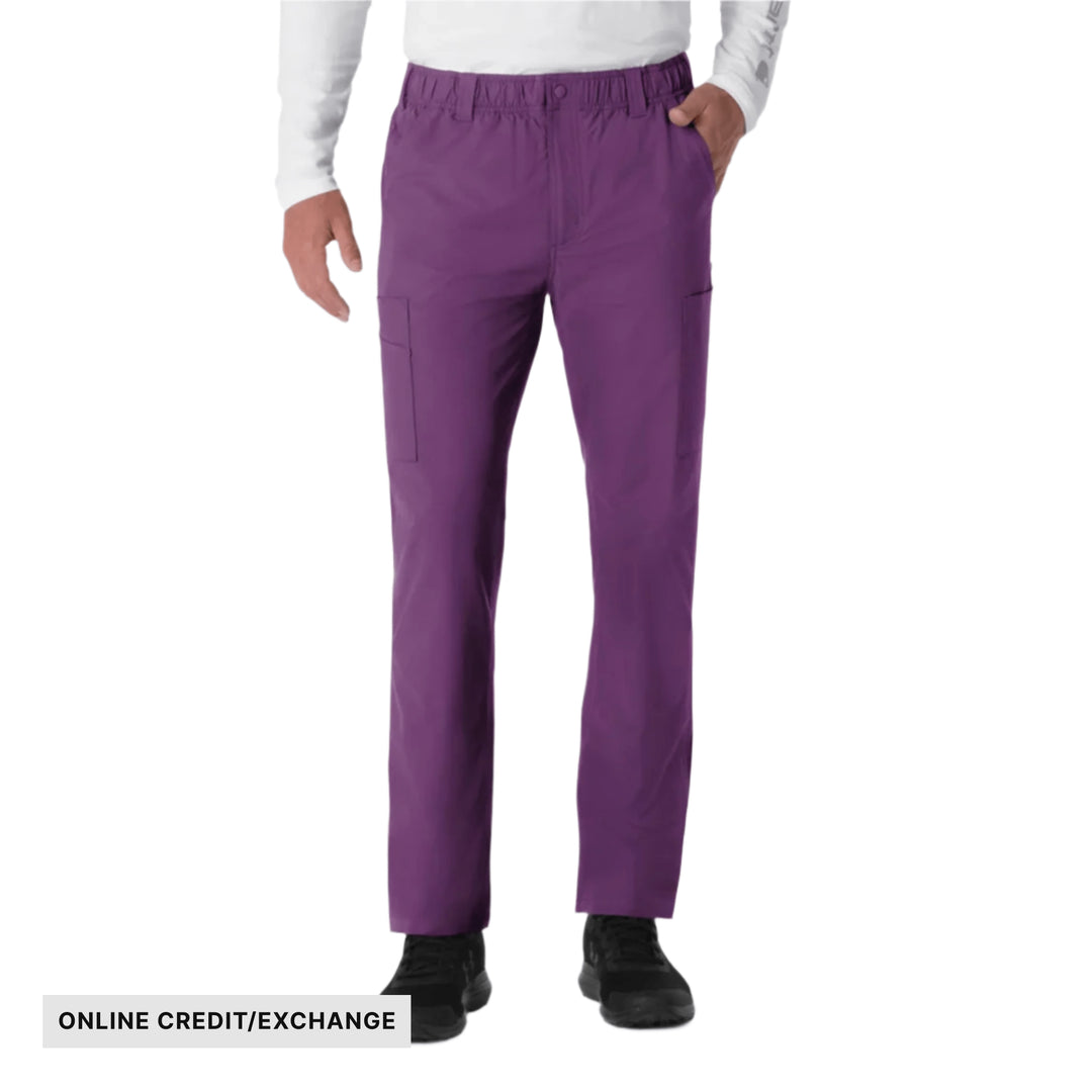 Purple straight-leg cargo scrub pants with elastic waist and side pockets