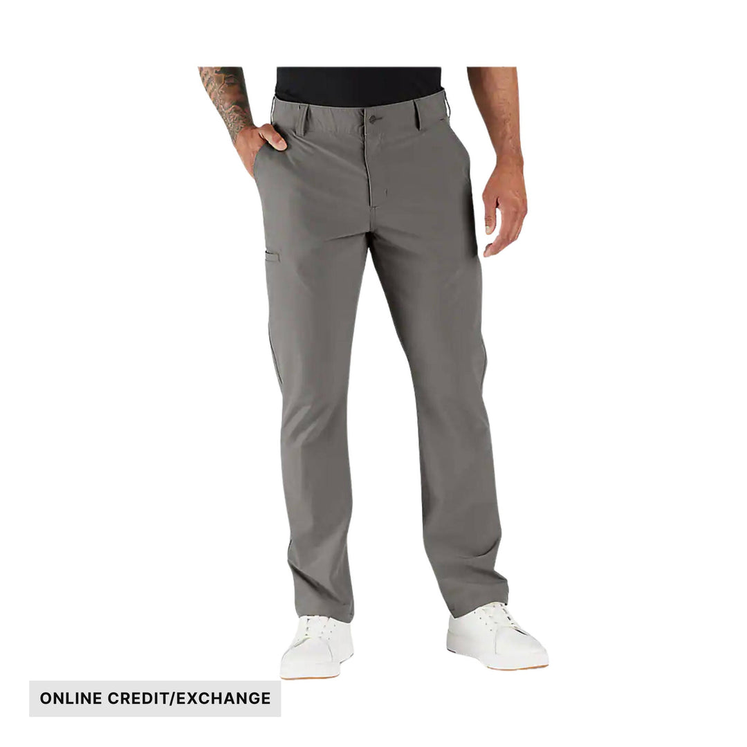 Gray relaxed-fit pants with front pockets, shown on a model with white sneakers; ONLINE CREDIT/EXCHANGE