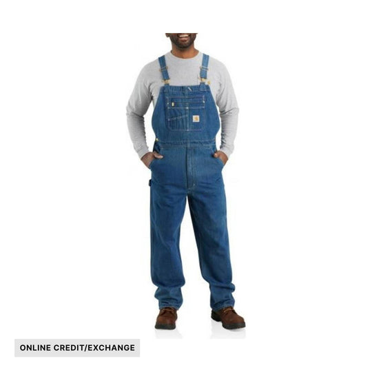 Blue denim bib overalls worn over a gray long-sleeve shirt, with visible front pocket and hand pockets