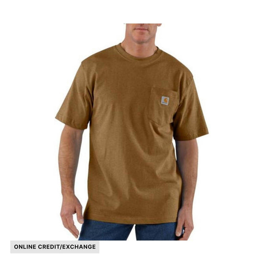 Brown short-sleeve pocket T-shirt with a small chest logo patch