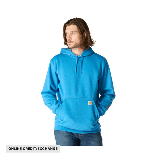 Bright blue hooded sweatshirt with front kangaroo pocket and drawstrings; ONLINE CREDIT/EXCHANGE label