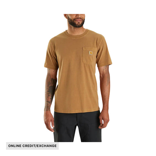 Brown short-sleeve pocket T-shirt on a model with a small chest logo patch