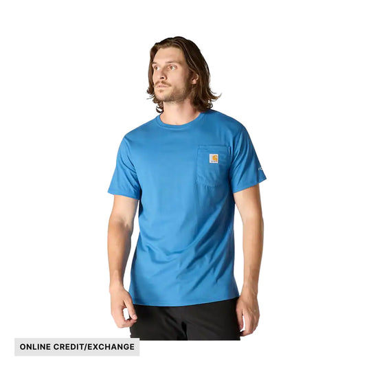 Blue short-sleeve pocket T-shirt on a male model, with ONLINE CREDIT/EXCHANGE text