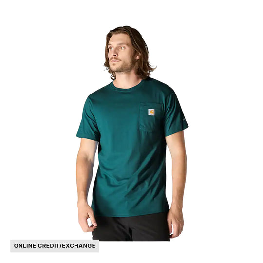 Teal short-sleeve pocket T-shirt on a model with an ONLINE CREDIT/EXCHANGE banner