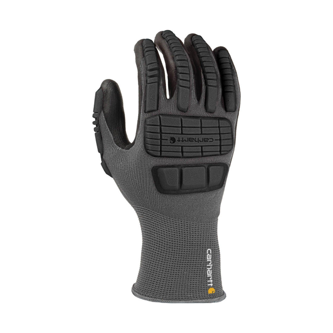 Gray work glove with black padded grip panels and Carhartt logo on the wrist