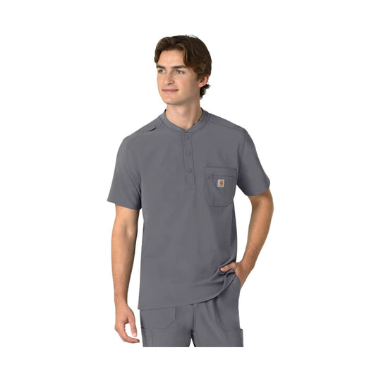 Gray short-sleeve henley scrub top with chest pocket and logo patch